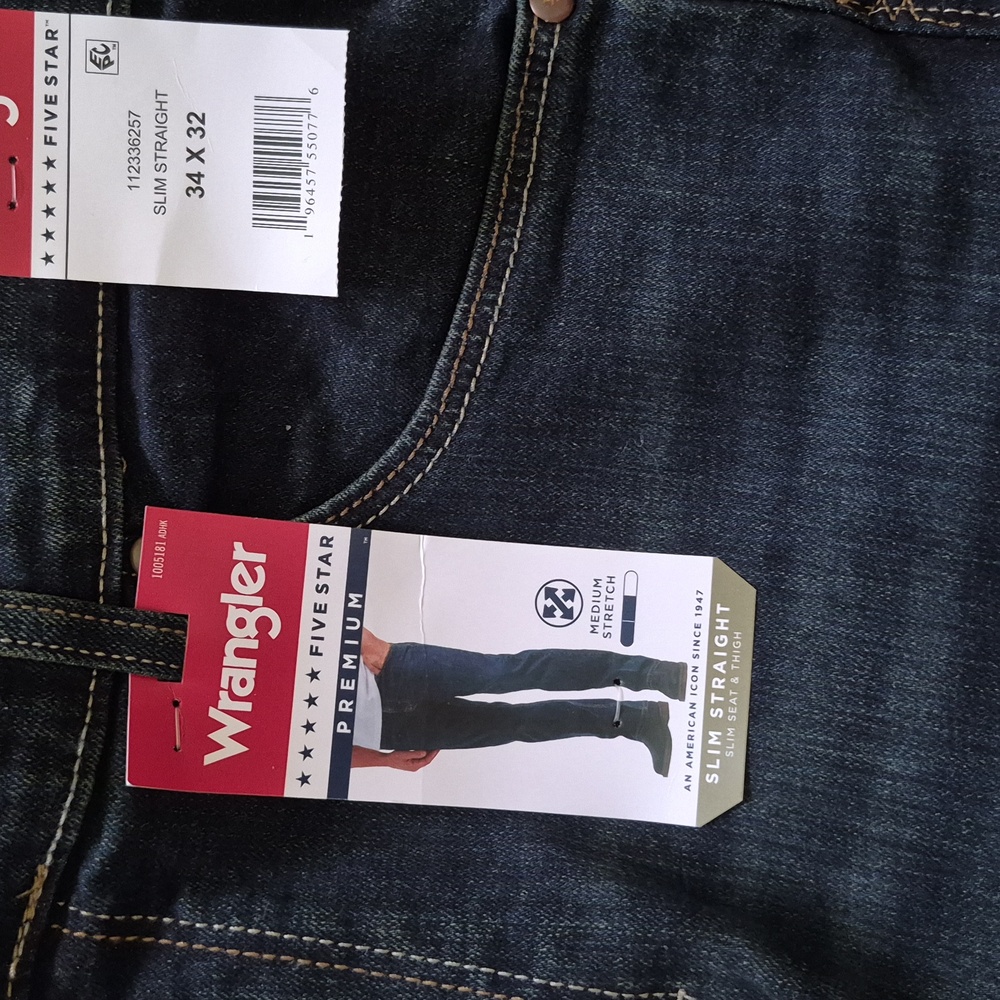 NEW Wrangler Mens Slim Straight Jeans - Dark Blue 34 X 32